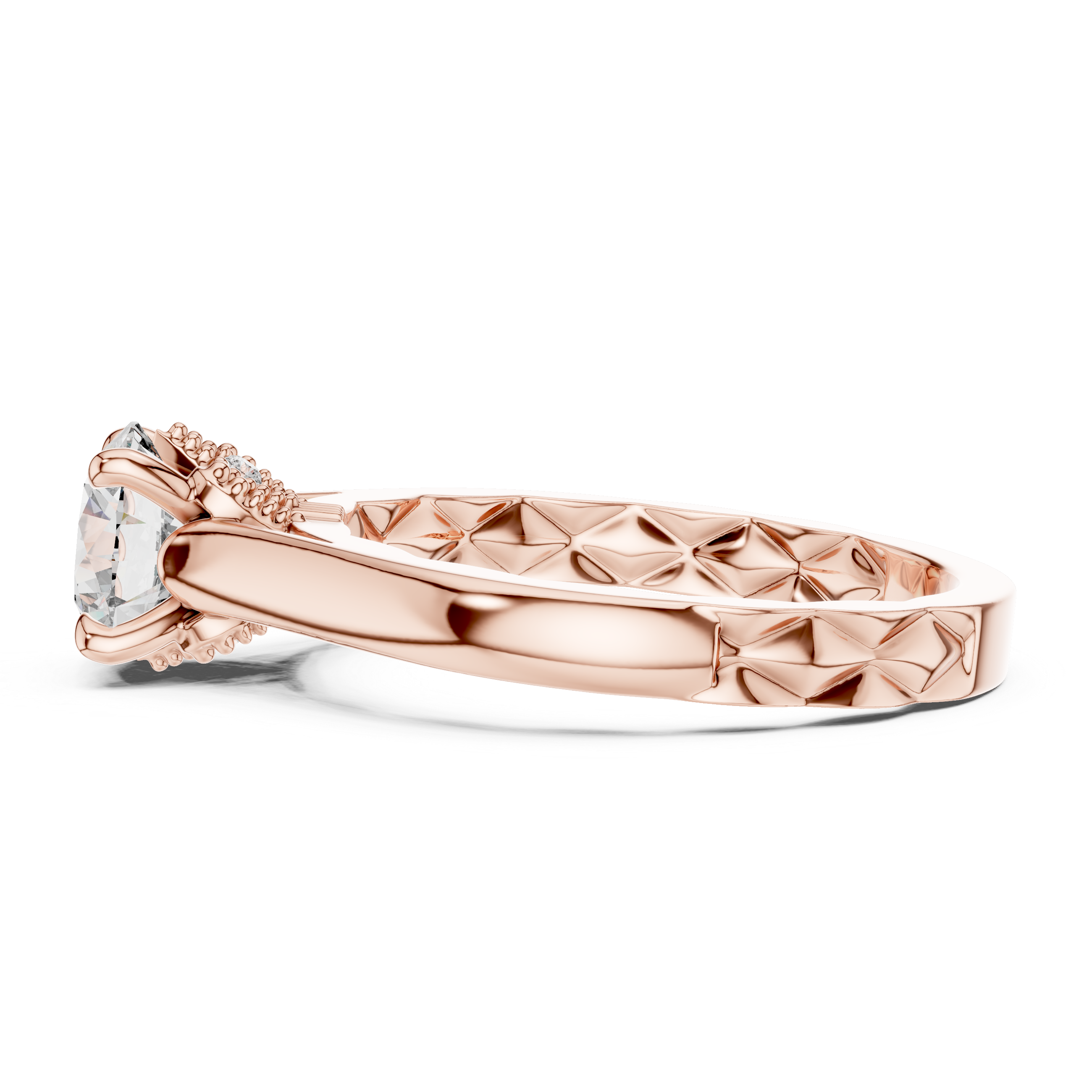 Rose gold ring with diamond on a white background